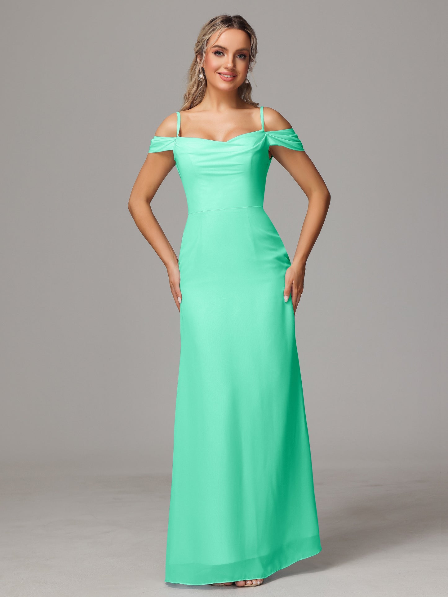 Spaghetti Straps Off The Shoulder Chiffon Bridesmaid Dress With Slit