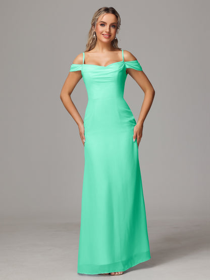 Spaghetti Straps Off The Shoulder Chiffon Bridesmaid Dress With Slit