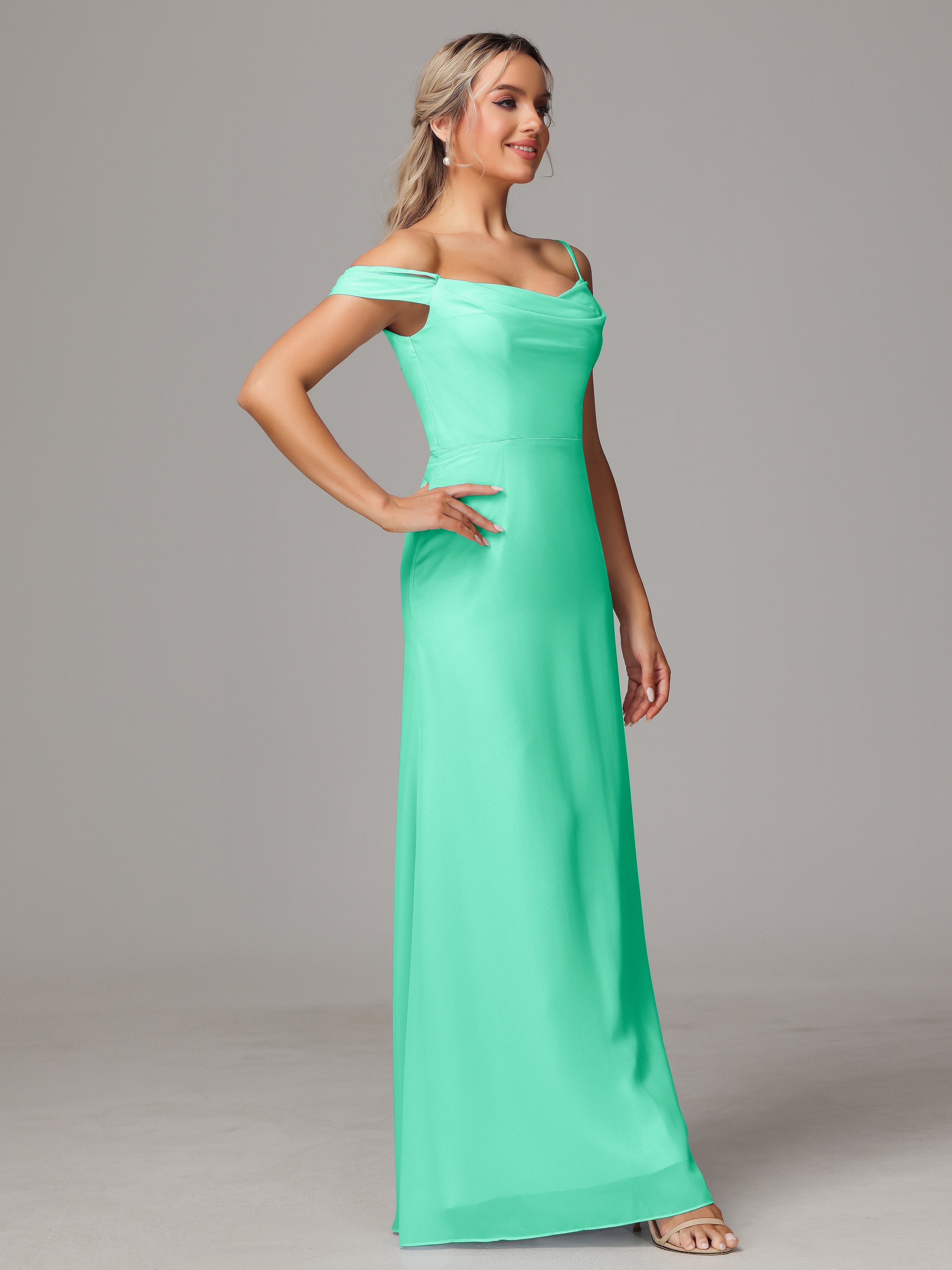 Spaghetti Straps Off The Shoulder Chiffon Bridesmaid Dress With Slit