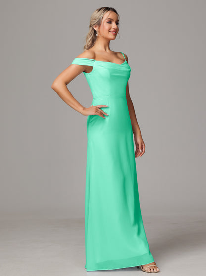 Spaghetti Straps Off The Shoulder Chiffon Bridesmaid Dress With Slit