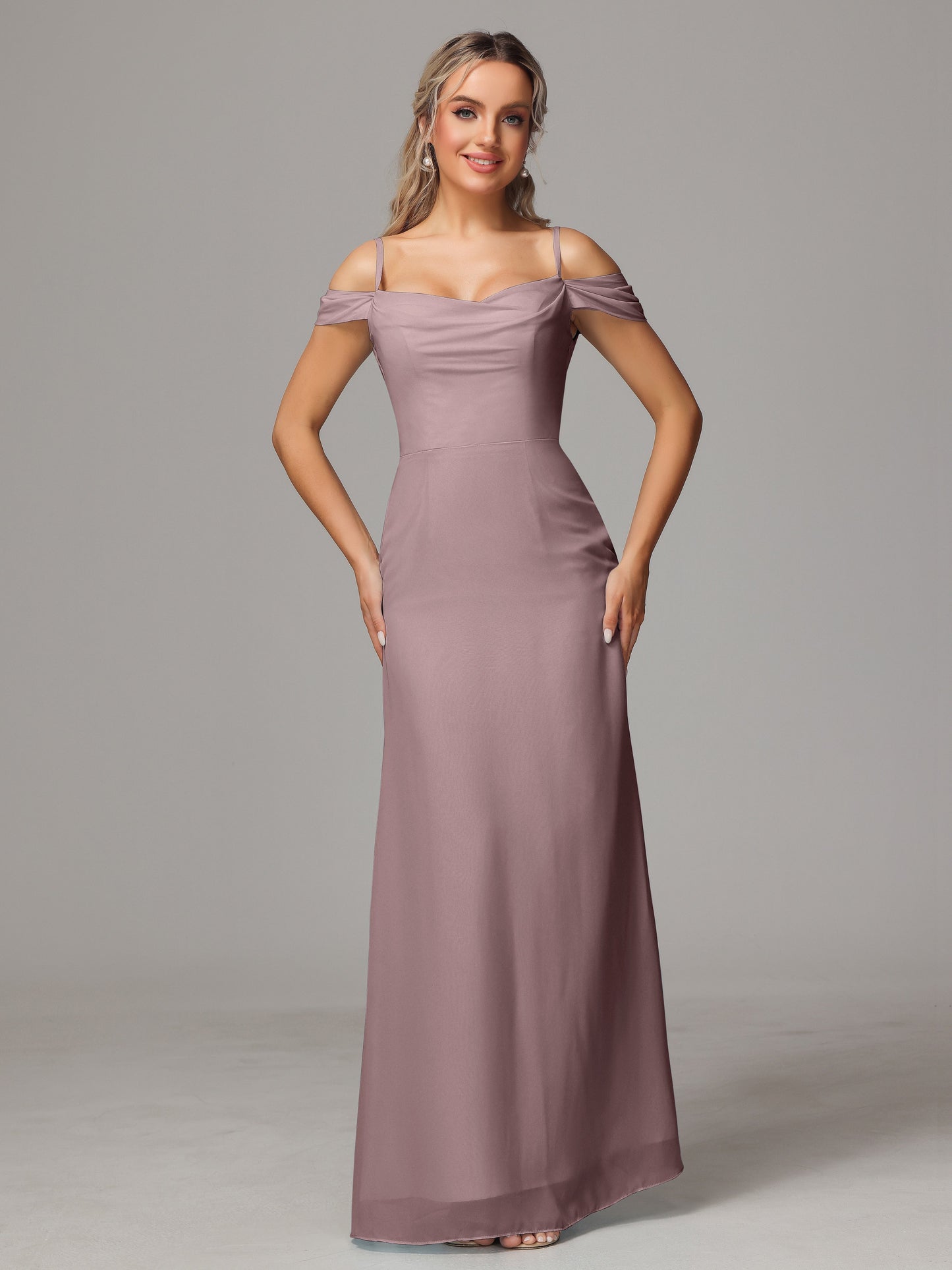 Spaghetti Straps Off The Shoulder Chiffon Bridesmaid Dress With Slit