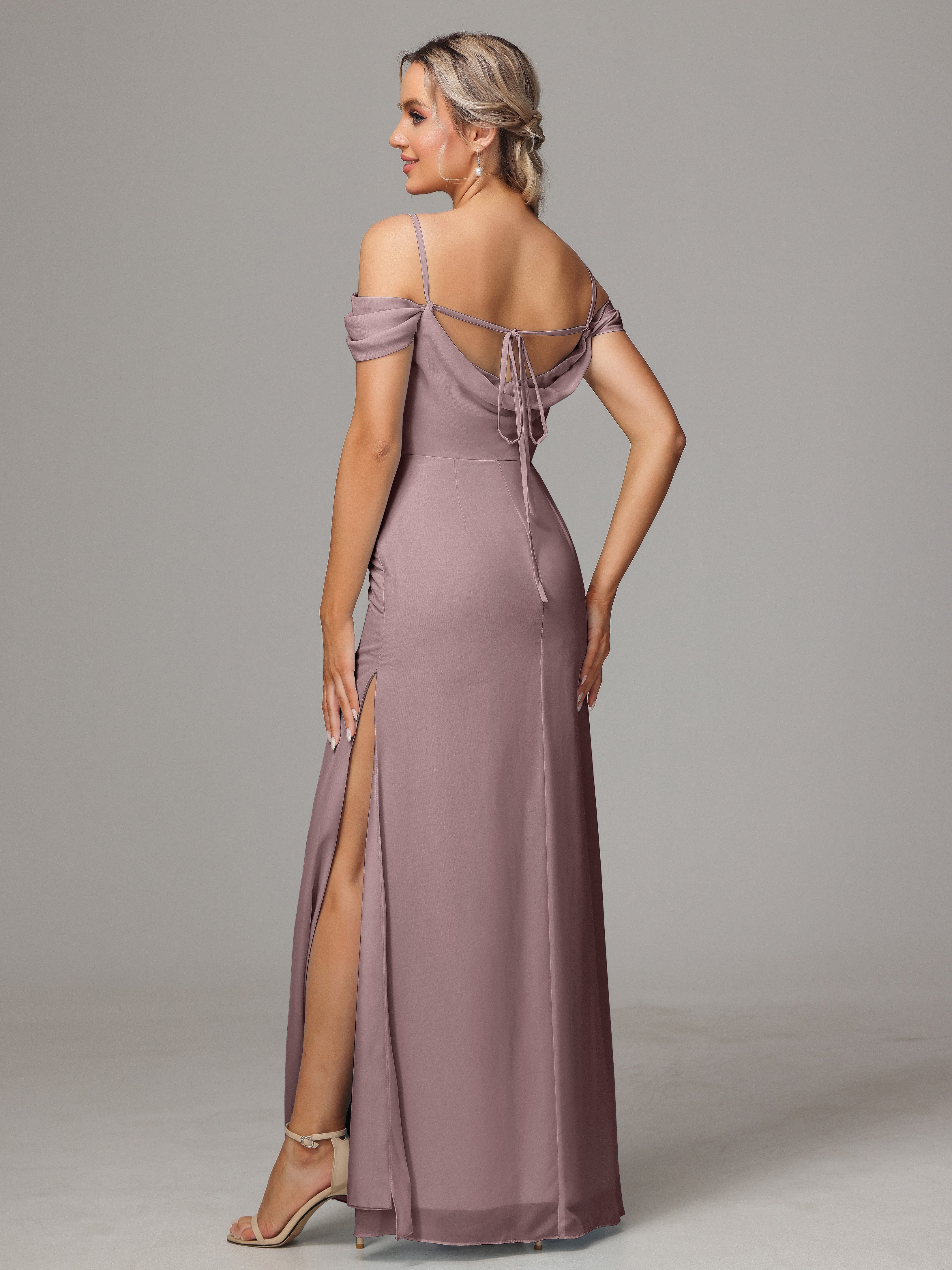 Spaghetti Straps Off The Shoulder Chiffon Bridesmaid Dress With Slit