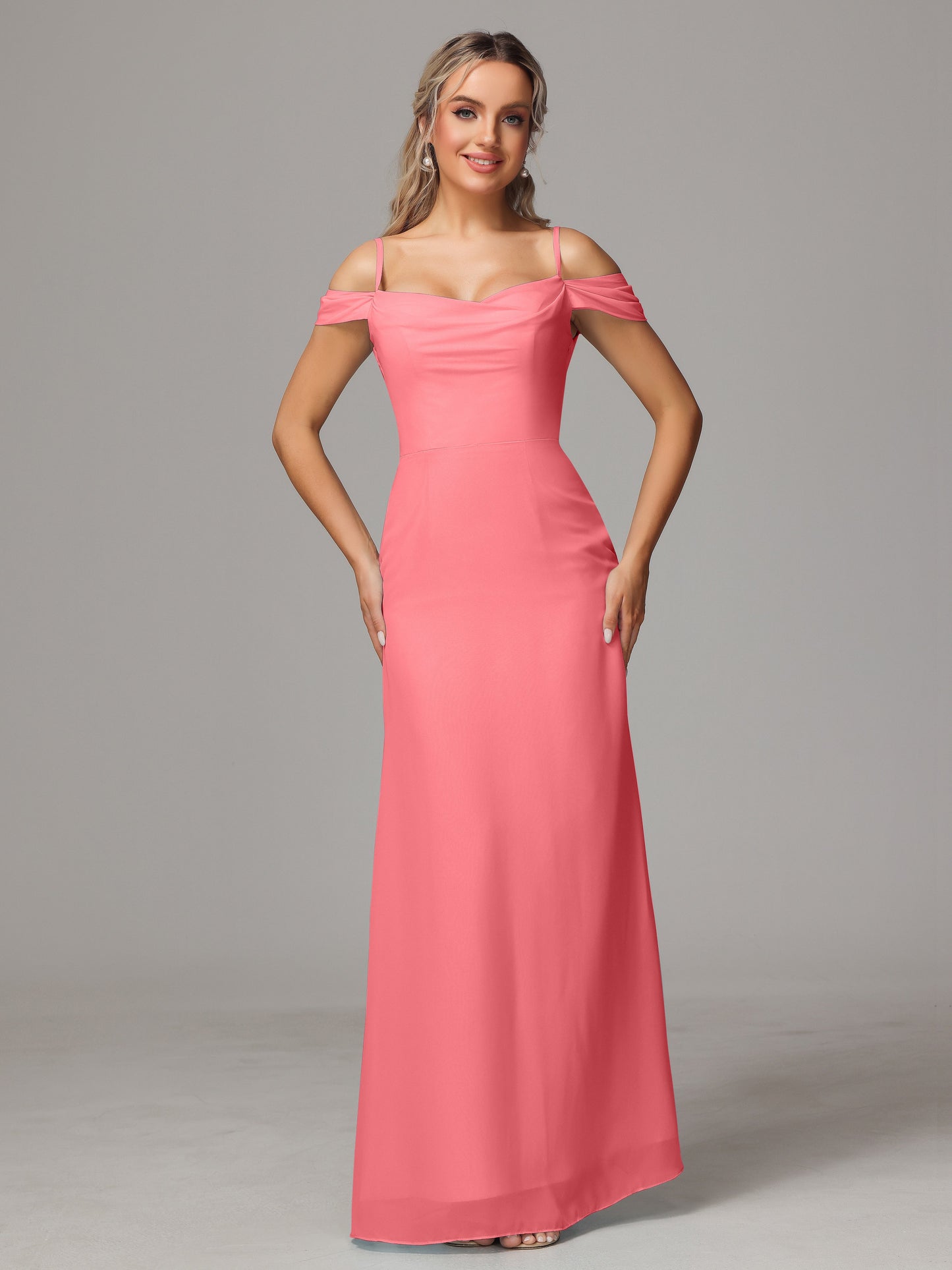 Spaghetti Straps Off The Shoulder Chiffon Bridesmaid Dress With Slit