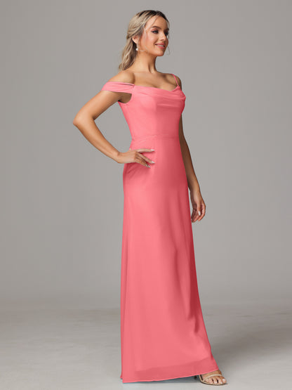 Spaghetti Straps Off The Shoulder Chiffon Bridesmaid Dress With Slit