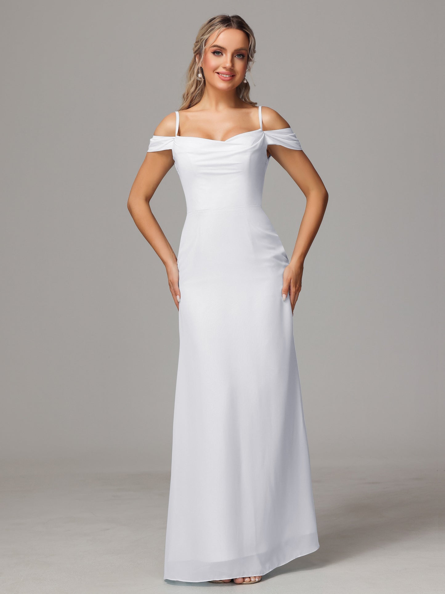 Spaghetti Straps Off The Shoulder Chiffon Bridesmaid Dress With Slit