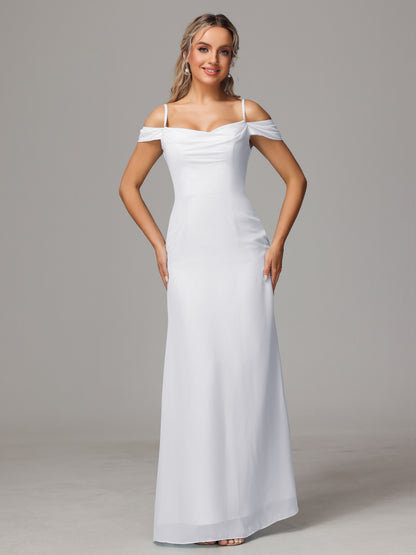 Spaghetti Straps Off The Shoulder Chiffon Bridesmaid Dress With Slit