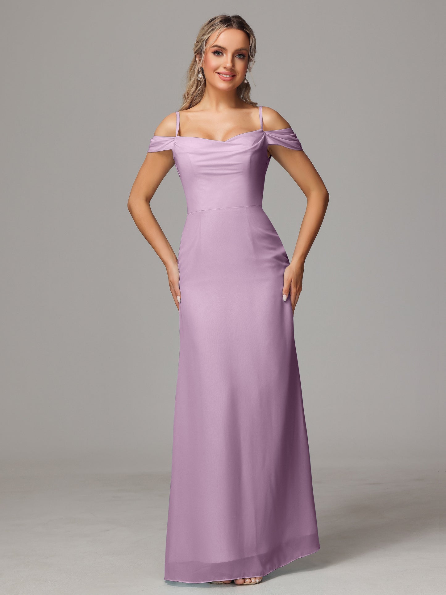 Spaghetti Straps Off The Shoulder Chiffon Bridesmaid Dress With Slit