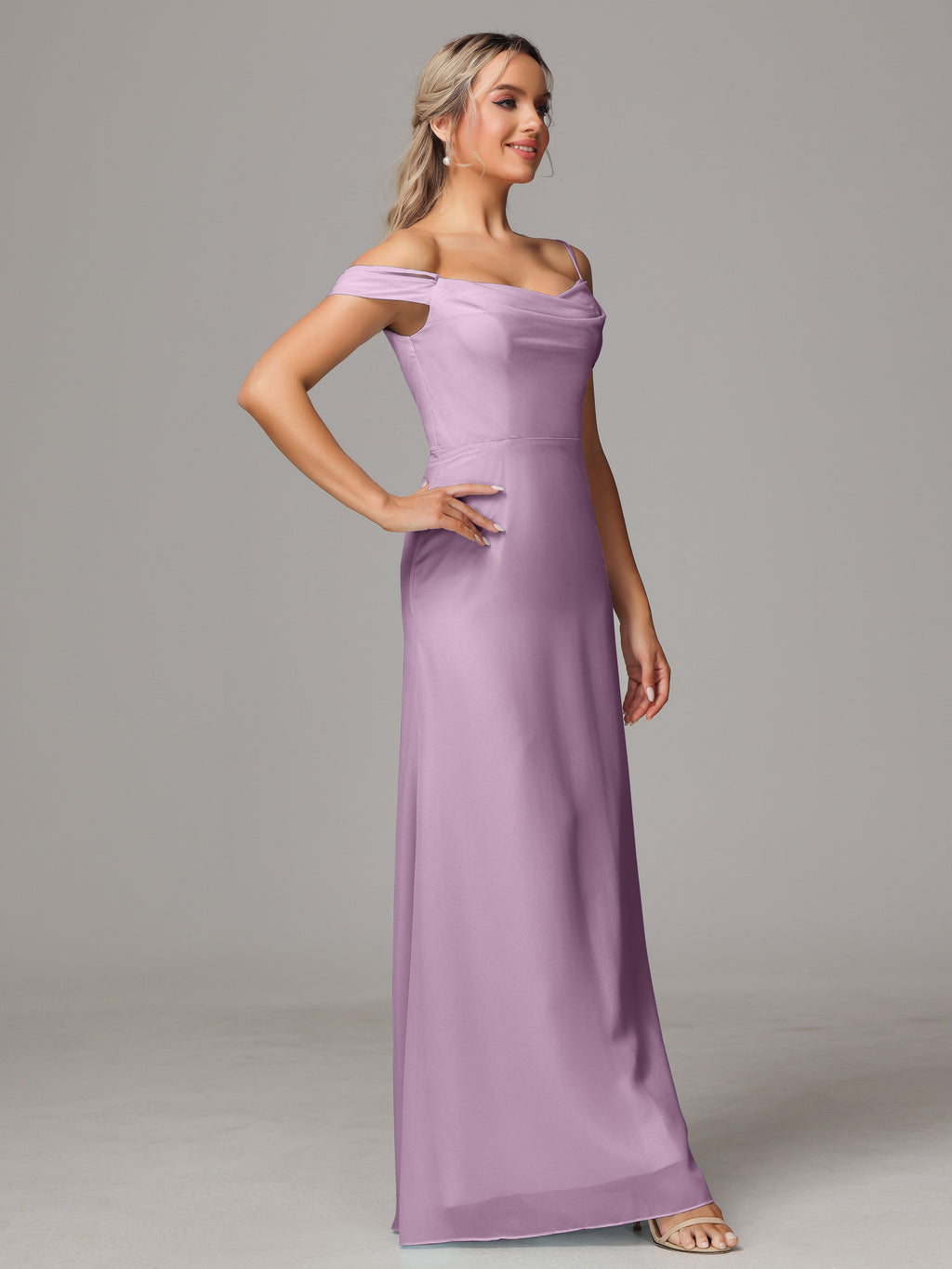 Spaghetti Straps Off The Shoulder Chiffon Bridesmaid Dress With Slit