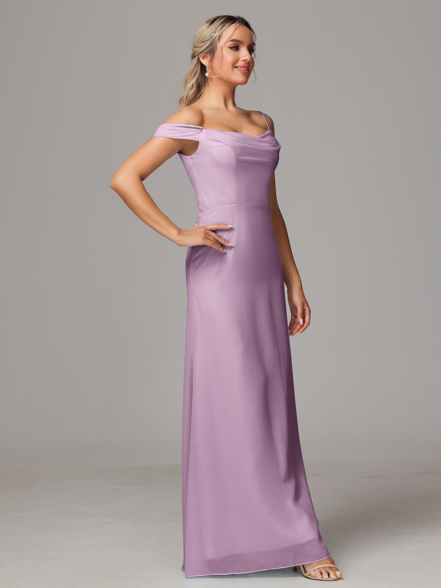 Spaghetti Straps Off The Shoulder Chiffon Bridesmaid Dress With Slit