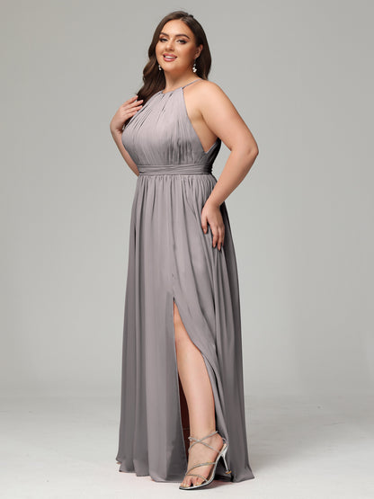 Floor Length Halter Plus Size Split Chiffon Bridesmaid Dresses