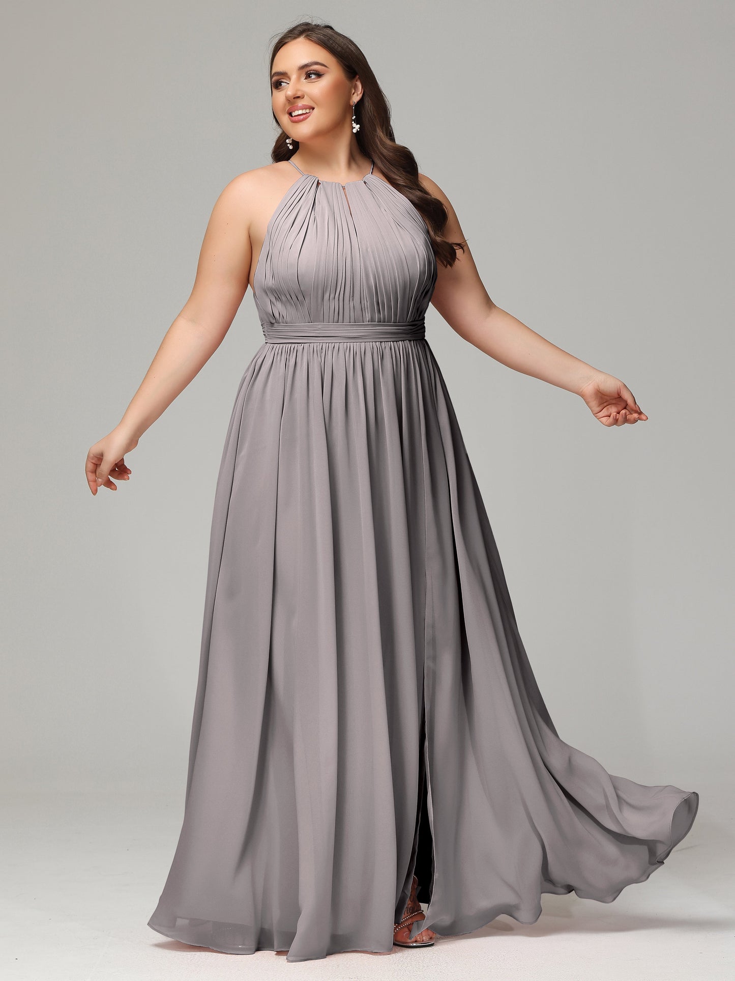 Floor Length Halter Plus Size Split Chiffon Bridesmaid Dresses