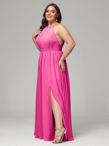 Floor Length Halter Plus Size Split Chiffon Bridesmaid Dresses
