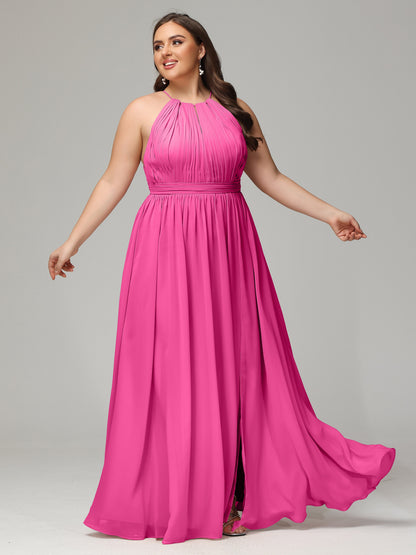 Floor Length Halter Plus Size Split Chiffon Bridesmaid Dresses