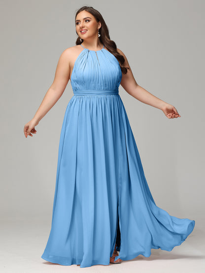 Floor Length Halter Plus Size Split Chiffon Bridesmaid Dresses