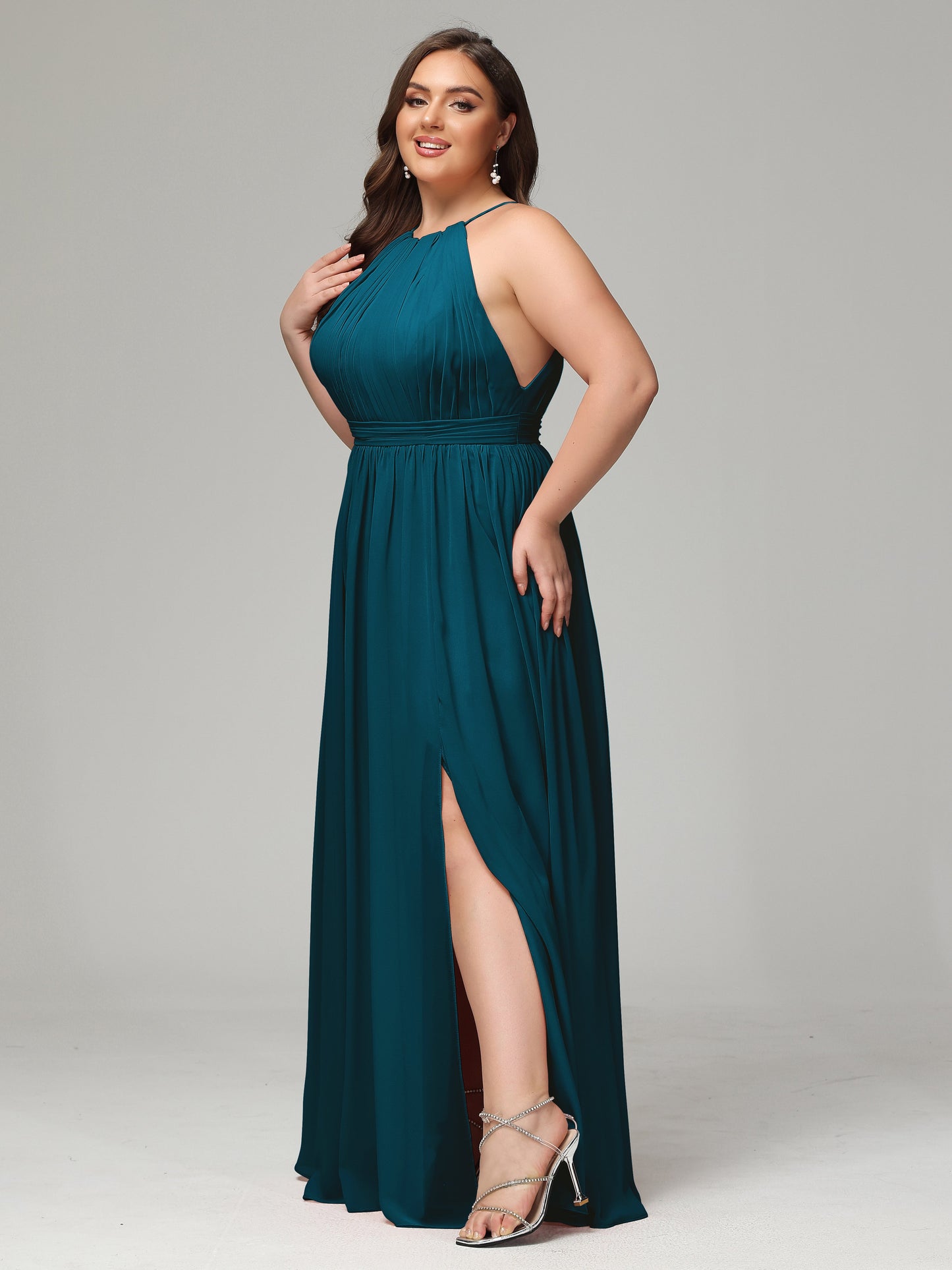 Floor Length Halter Plus Size Split Chiffon Bridesmaid Dresses