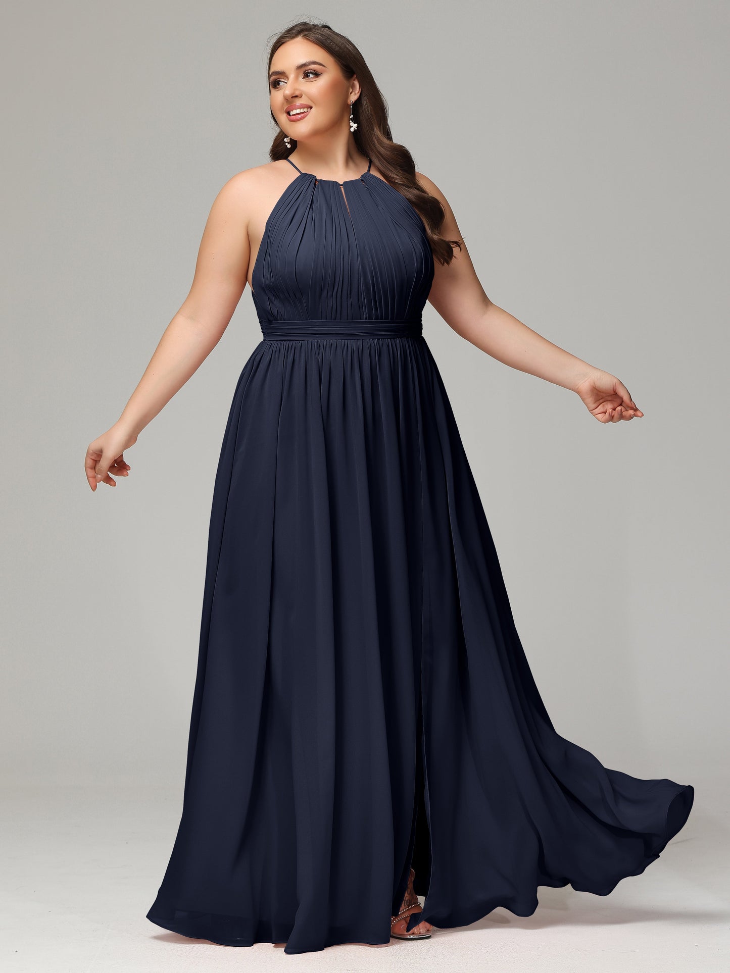 Floor Length Halter Plus Size Split Chiffon Bridesmaid Dresses