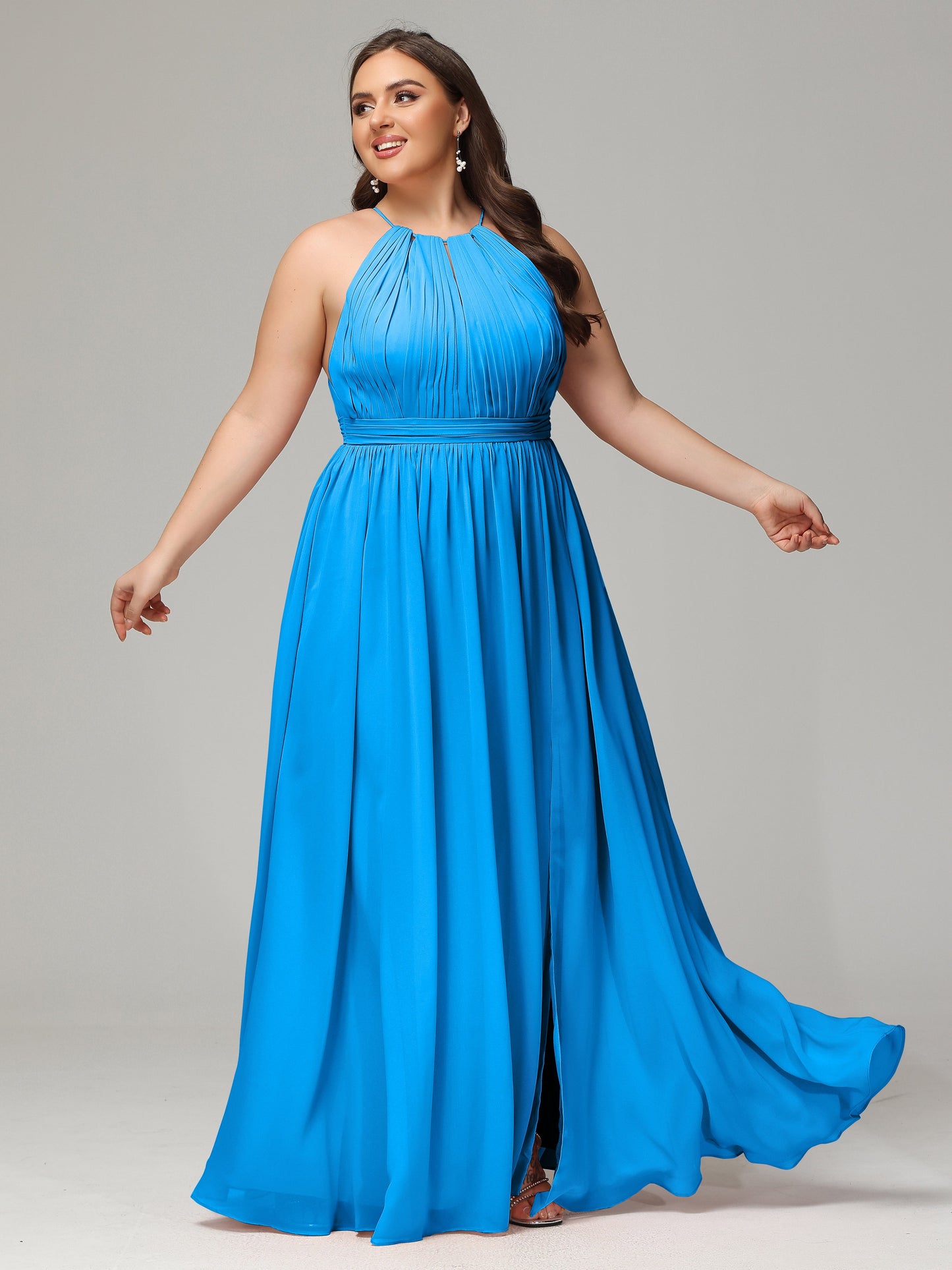 Floor Length Halter Plus Size Split Chiffon Bridesmaid Dresses