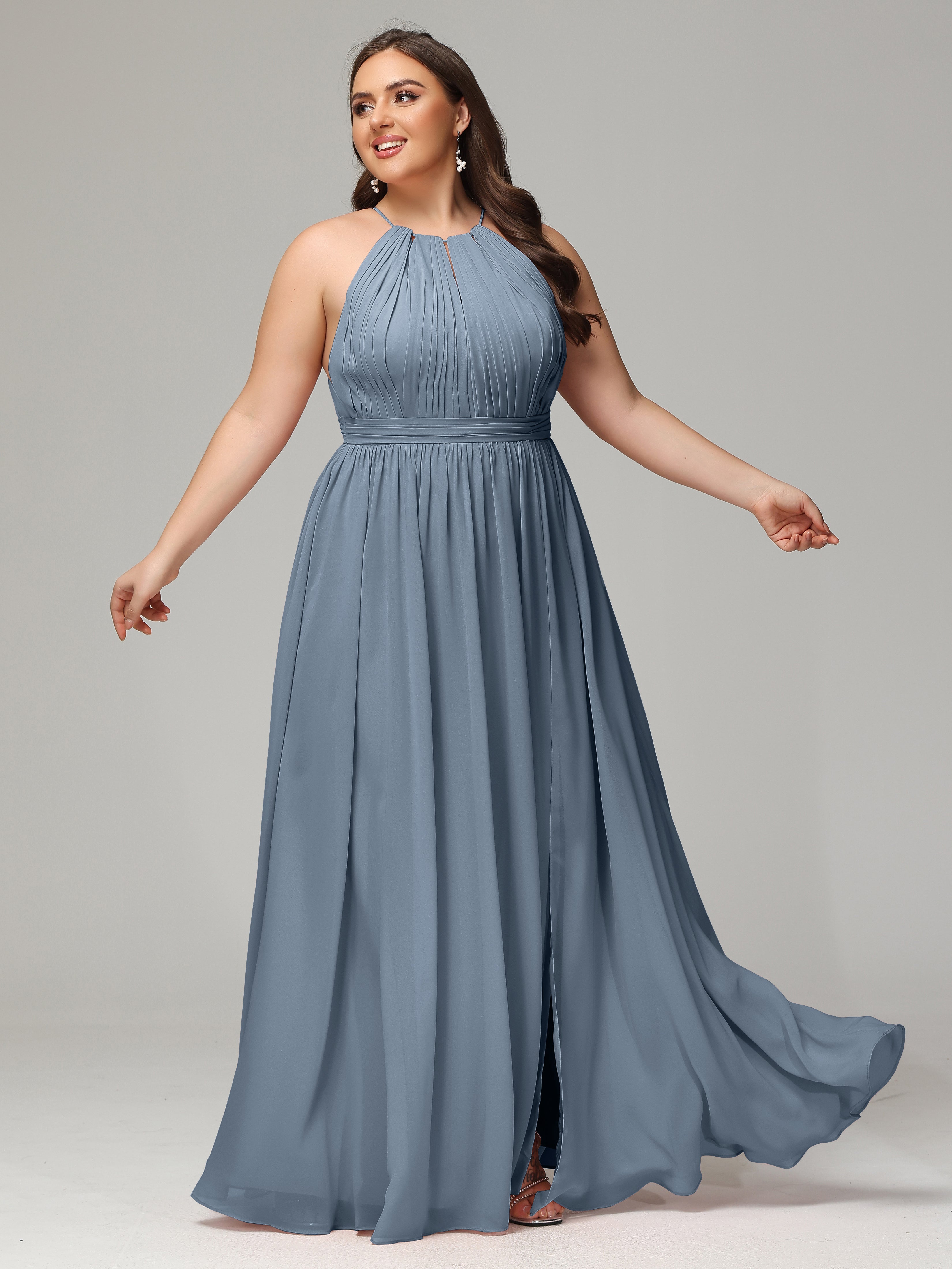 Floor Length Halter Plus Size Split Chiffon Bridesmaid Dresses