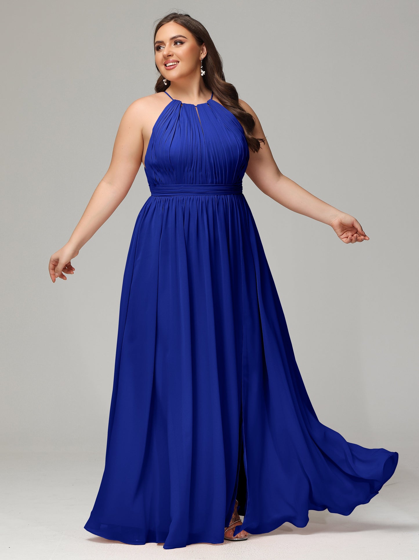 Floor Length Halter Plus Size Split Chiffon Bridesmaid Dresses