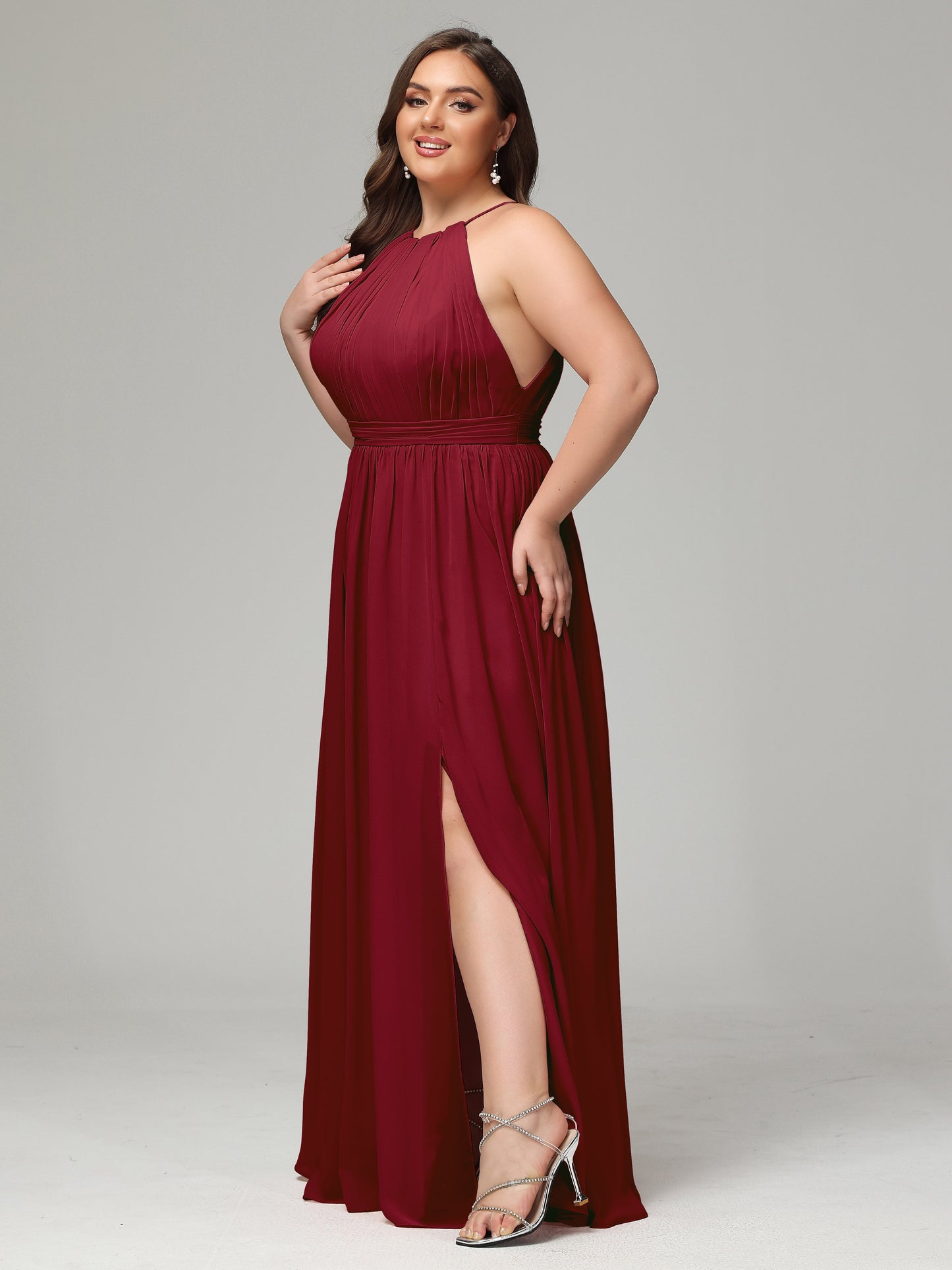 Floor Length Halter Plus Size Split Chiffon Bridesmaid Dresses