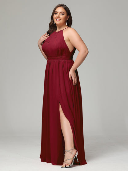 Floor Length Halter Plus Size Split Chiffon Bridesmaid Dresses
