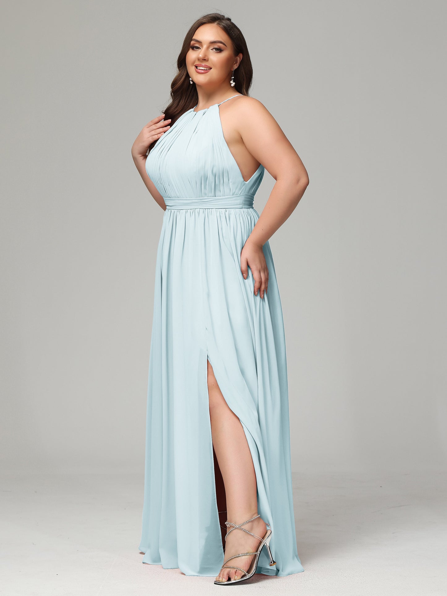 Floor Length Halter Plus Size Split Chiffon Bridesmaid Dresses