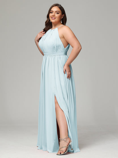Floor Length Halter Plus Size Split Chiffon Bridesmaid Dresses