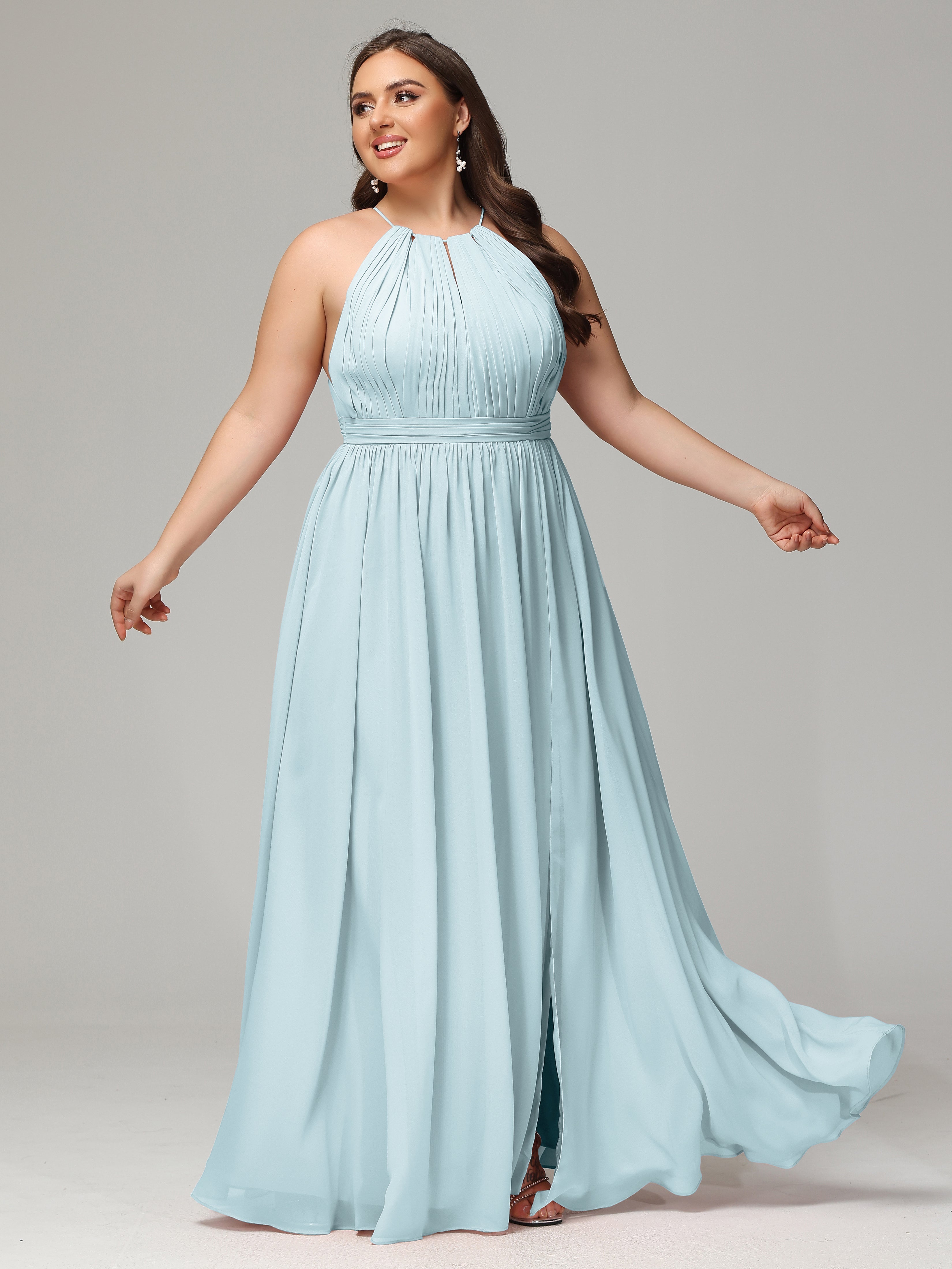 Floor Length Halter Plus Size Split Chiffon Bridesmaid Dresses