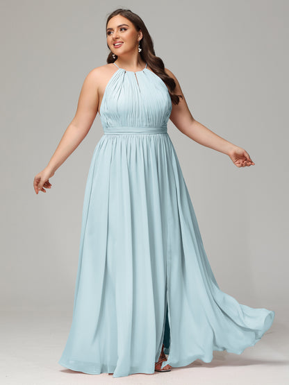 Floor Length Halter Plus Size Split Chiffon Bridesmaid Dresses