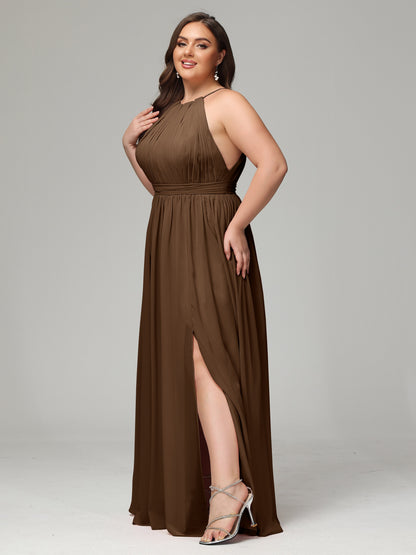 Floor Length Halter Plus Size Split Chiffon Bridesmaid Dresses