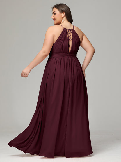 Floor Length Halter Plus Size Split Chiffon Bridesmaid Dresses