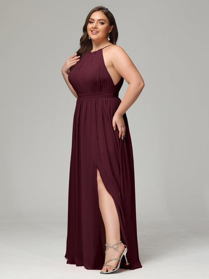 Floor Length Halter Plus Size Split Chiffon Bridesmaid Dresses