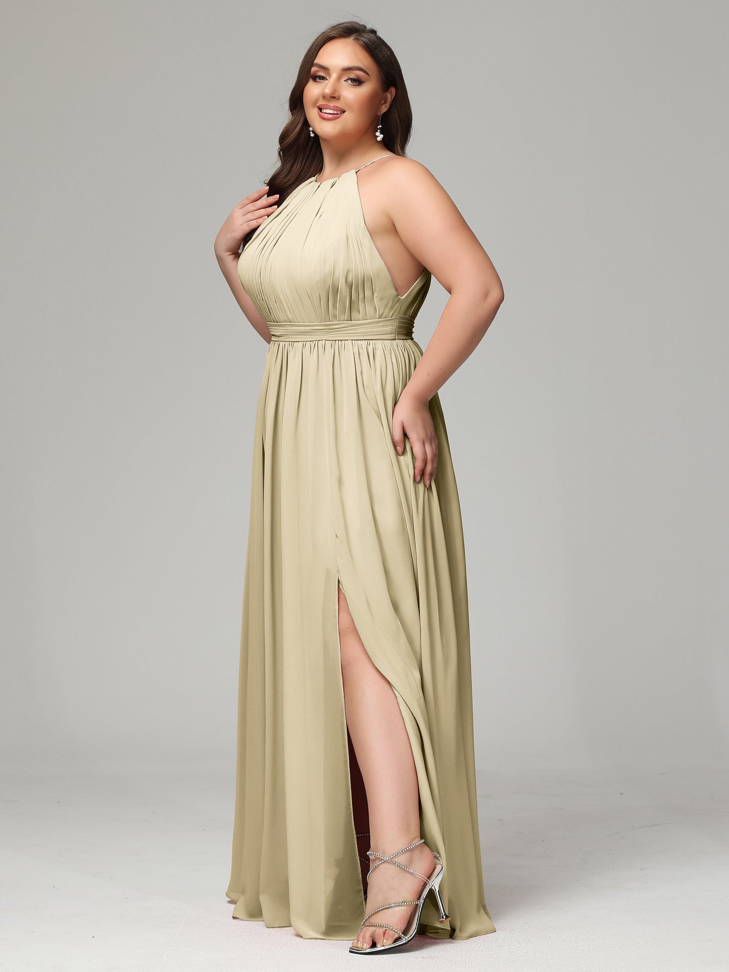 Floor Length Halter Plus Size Split Chiffon Bridesmaid Dresses