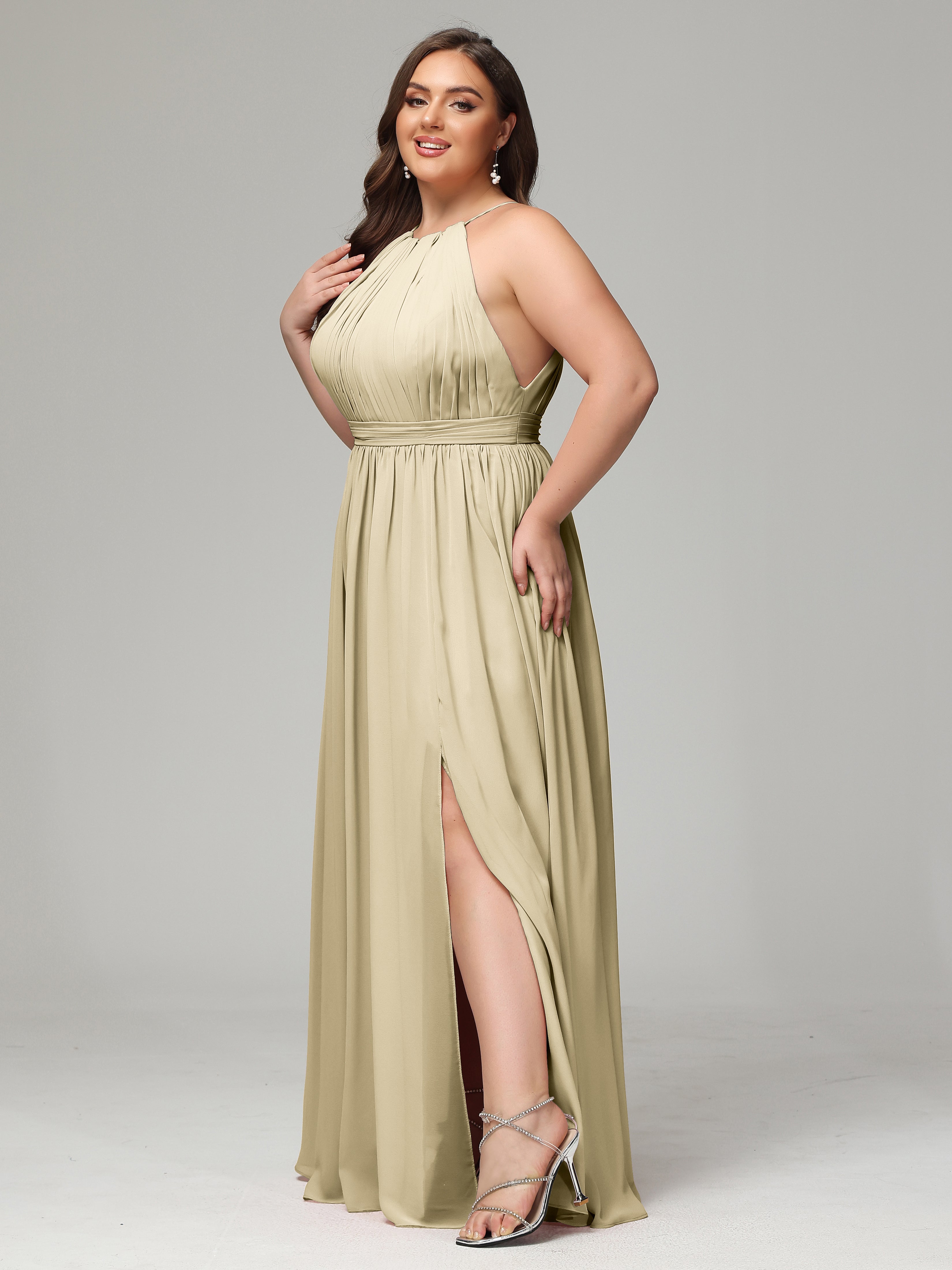 Floor Length Halter Plus Size Split Chiffon Bridesmaid Dresses