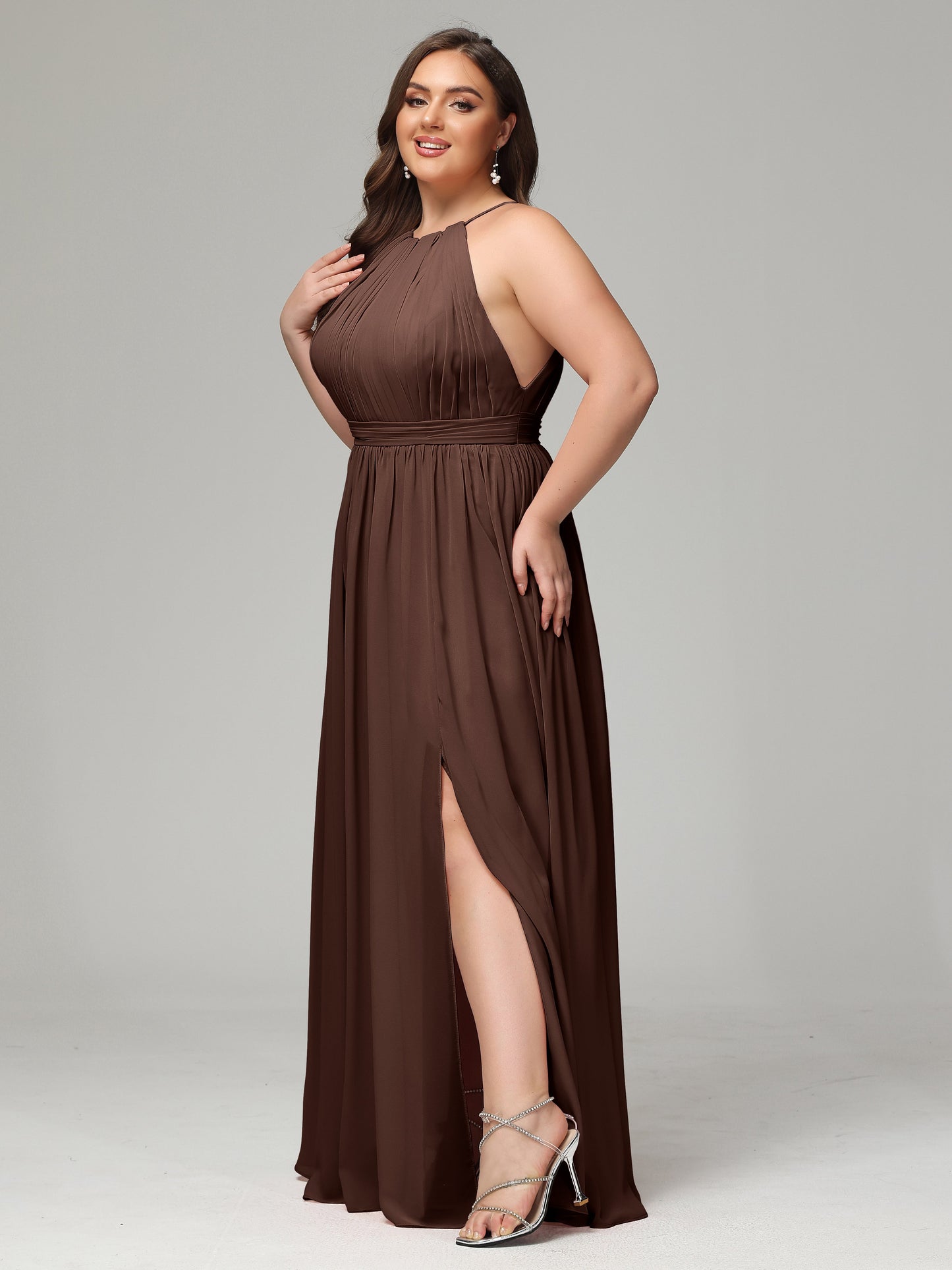 Floor Length Halter Plus Size Split Chiffon Bridesmaid Dresses