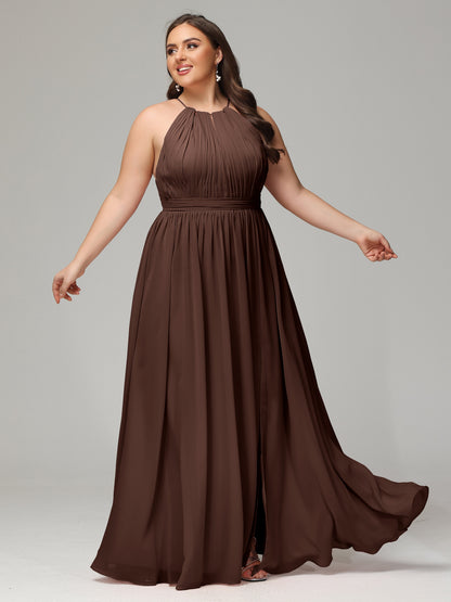 Floor Length Halter Plus Size Split Chiffon Bridesmaid Dresses