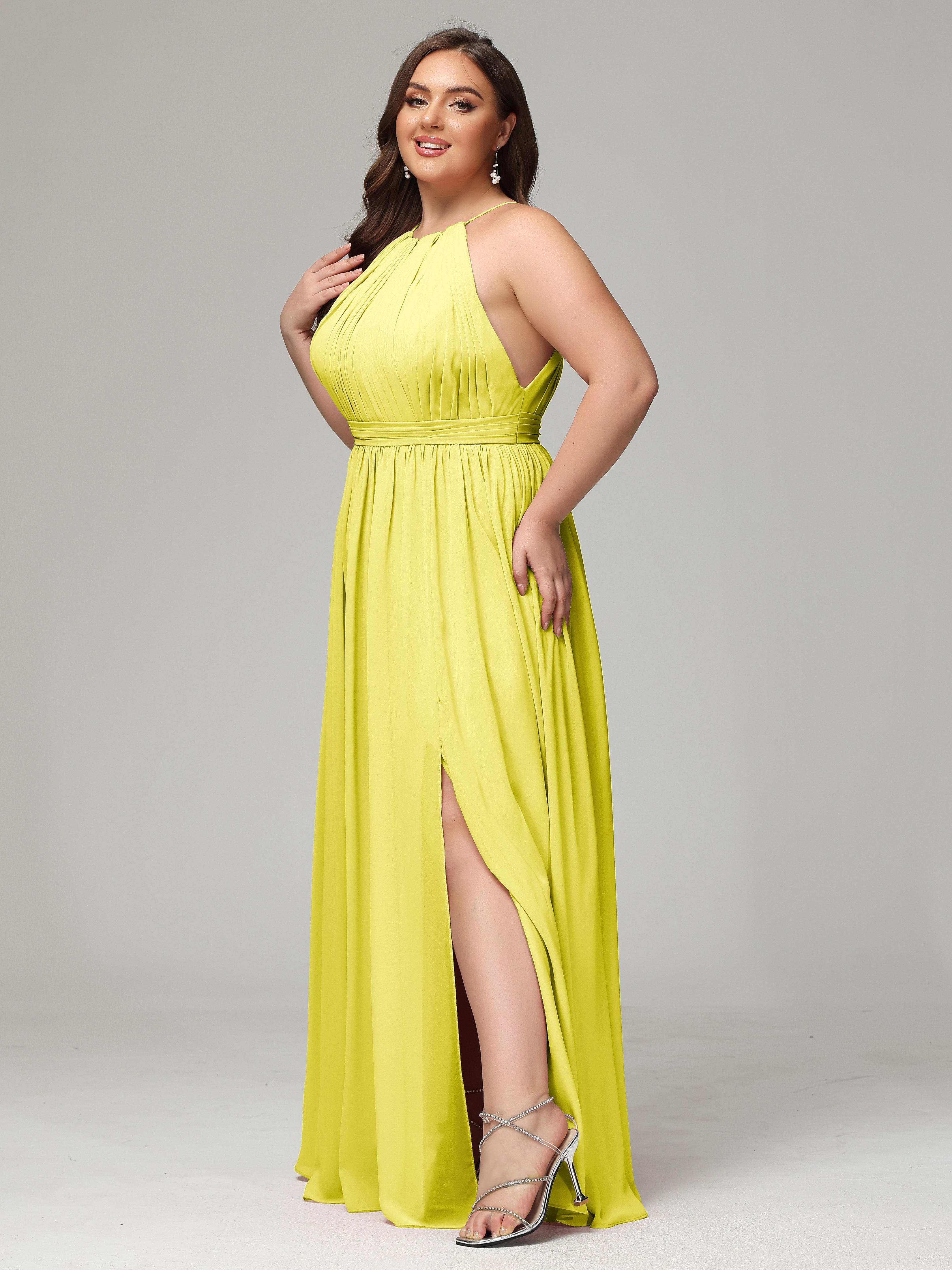 Floor Length Halter Plus Size Split Chiffon Bridesmaid Dresses