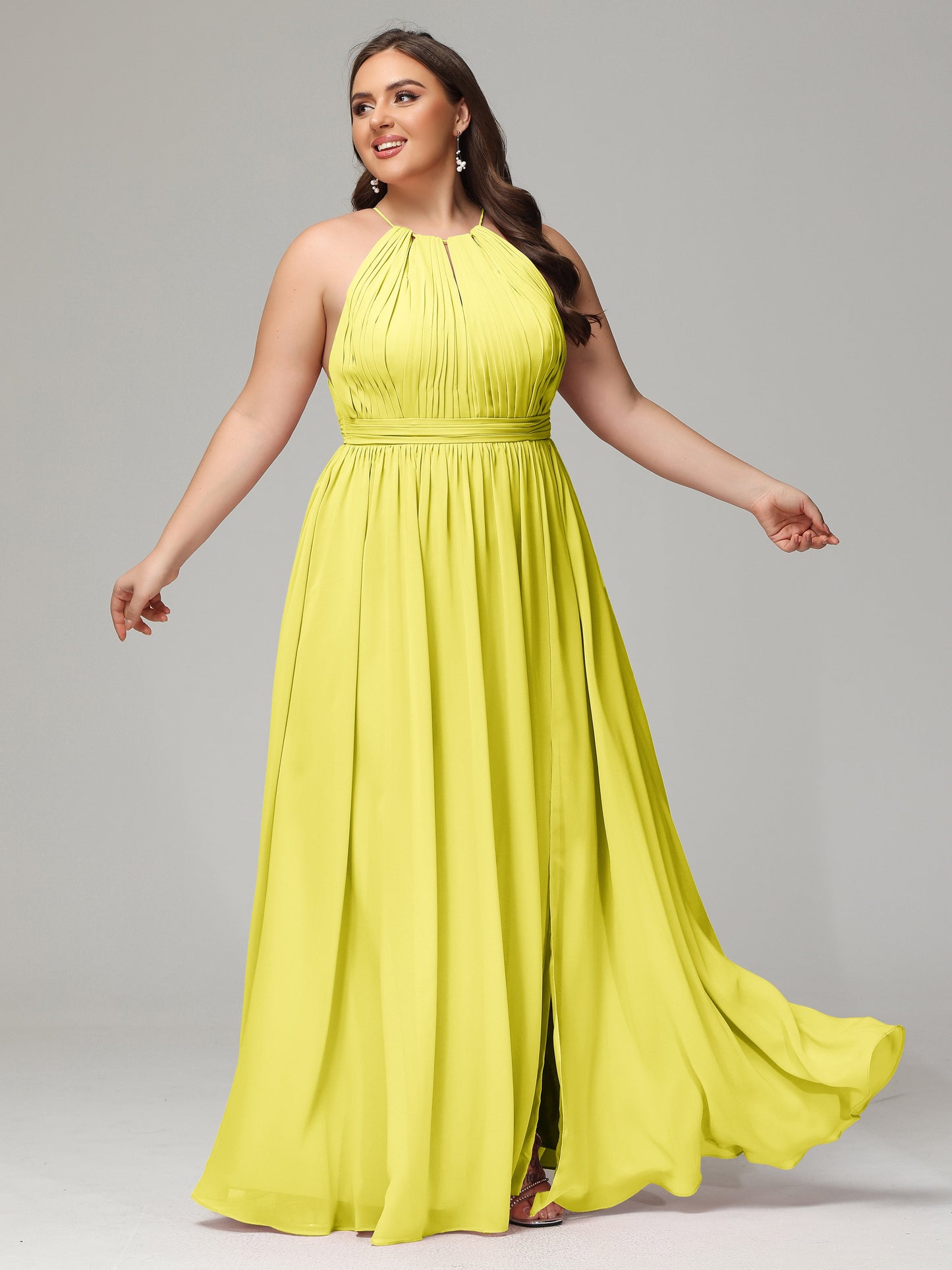 Floor Length Halter Plus Size Split Chiffon Bridesmaid Dresses