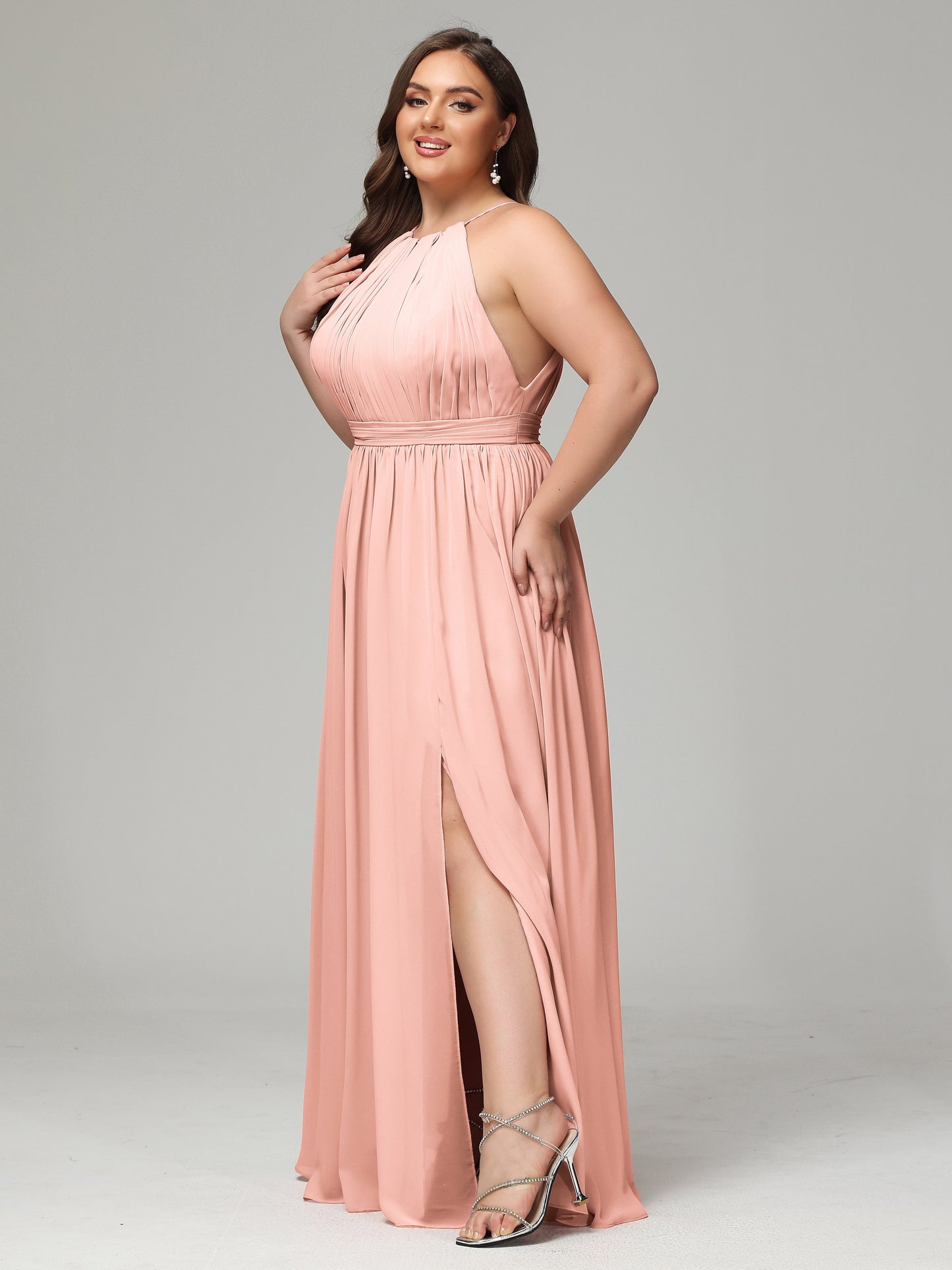 Floor Length Halter Plus Size Split Chiffon Bridesmaid Dresses