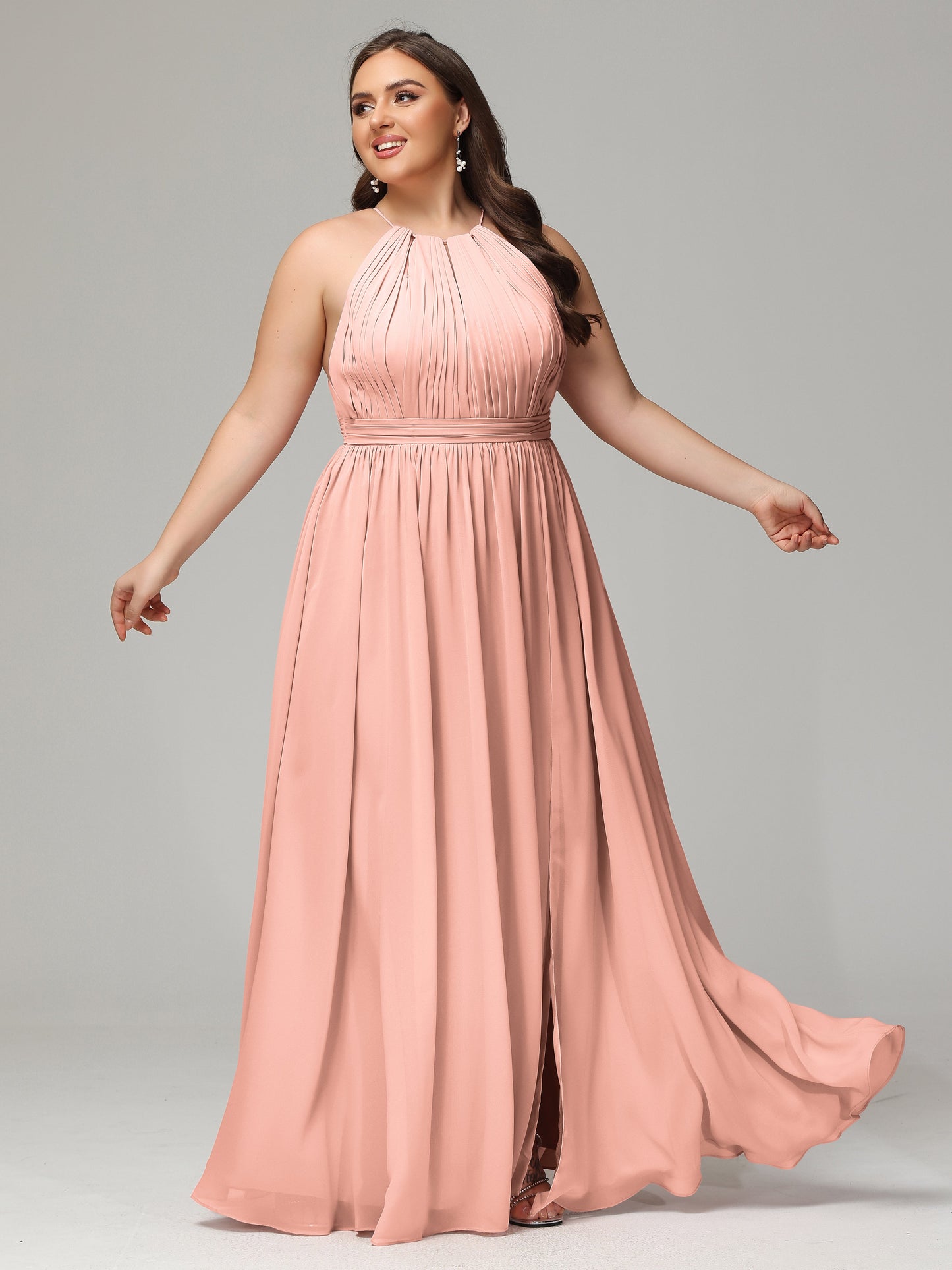 Floor Length Halter Plus Size Split Chiffon Bridesmaid Dresses