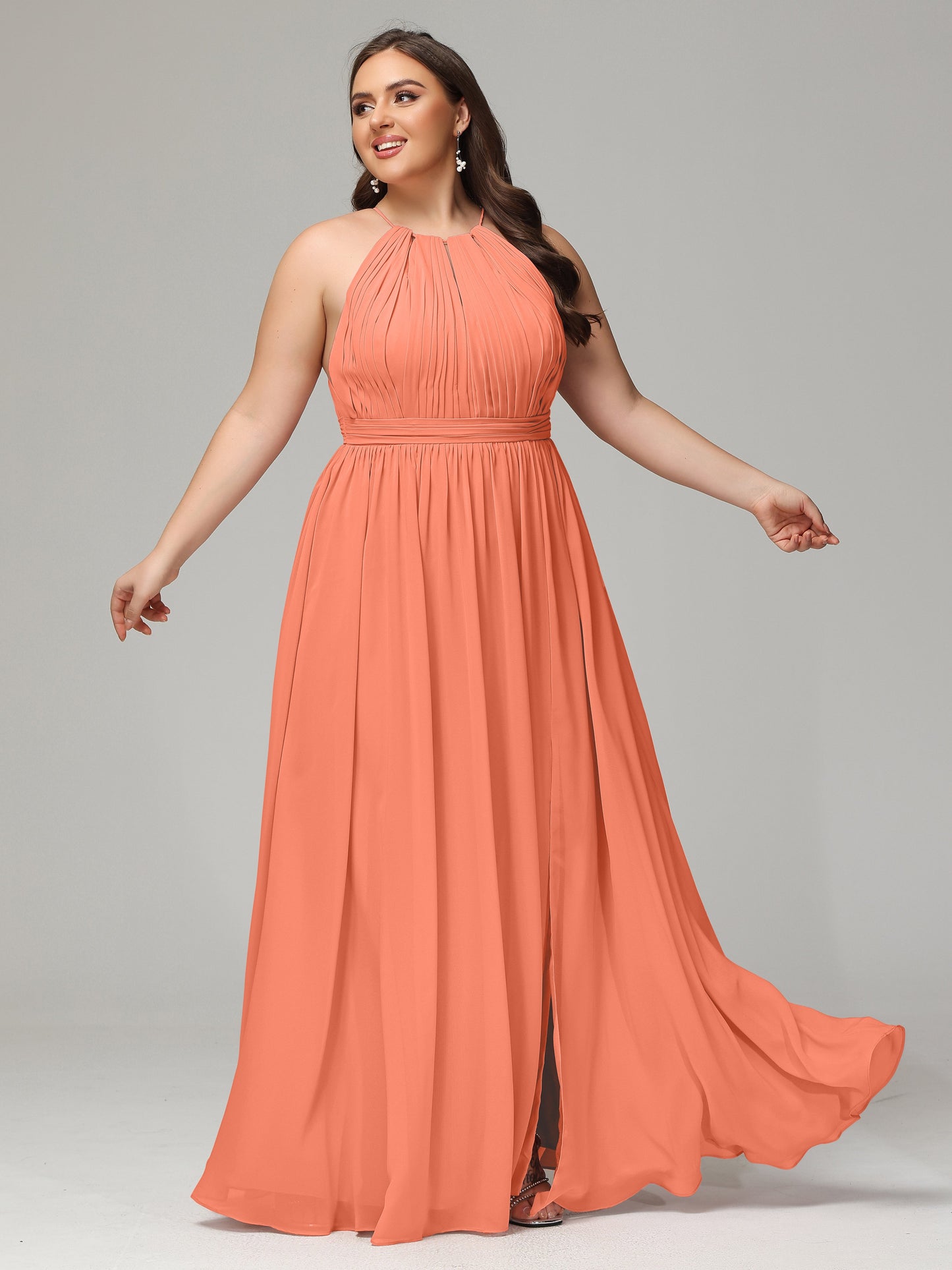 Floor Length Halter Plus Size Split Chiffon Bridesmaid Dresses