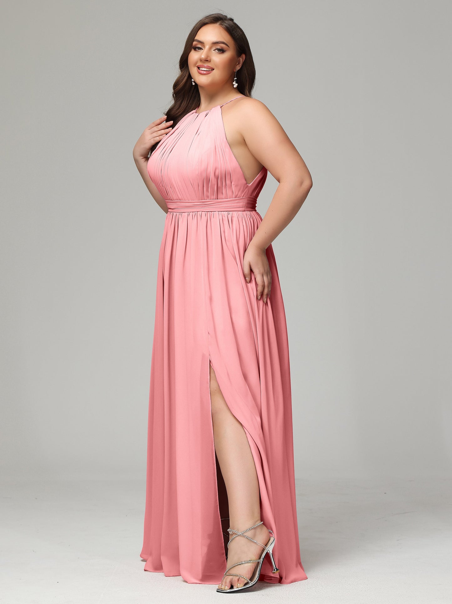 Floor Length Halter Plus Size Split Chiffon Bridesmaid Dresses