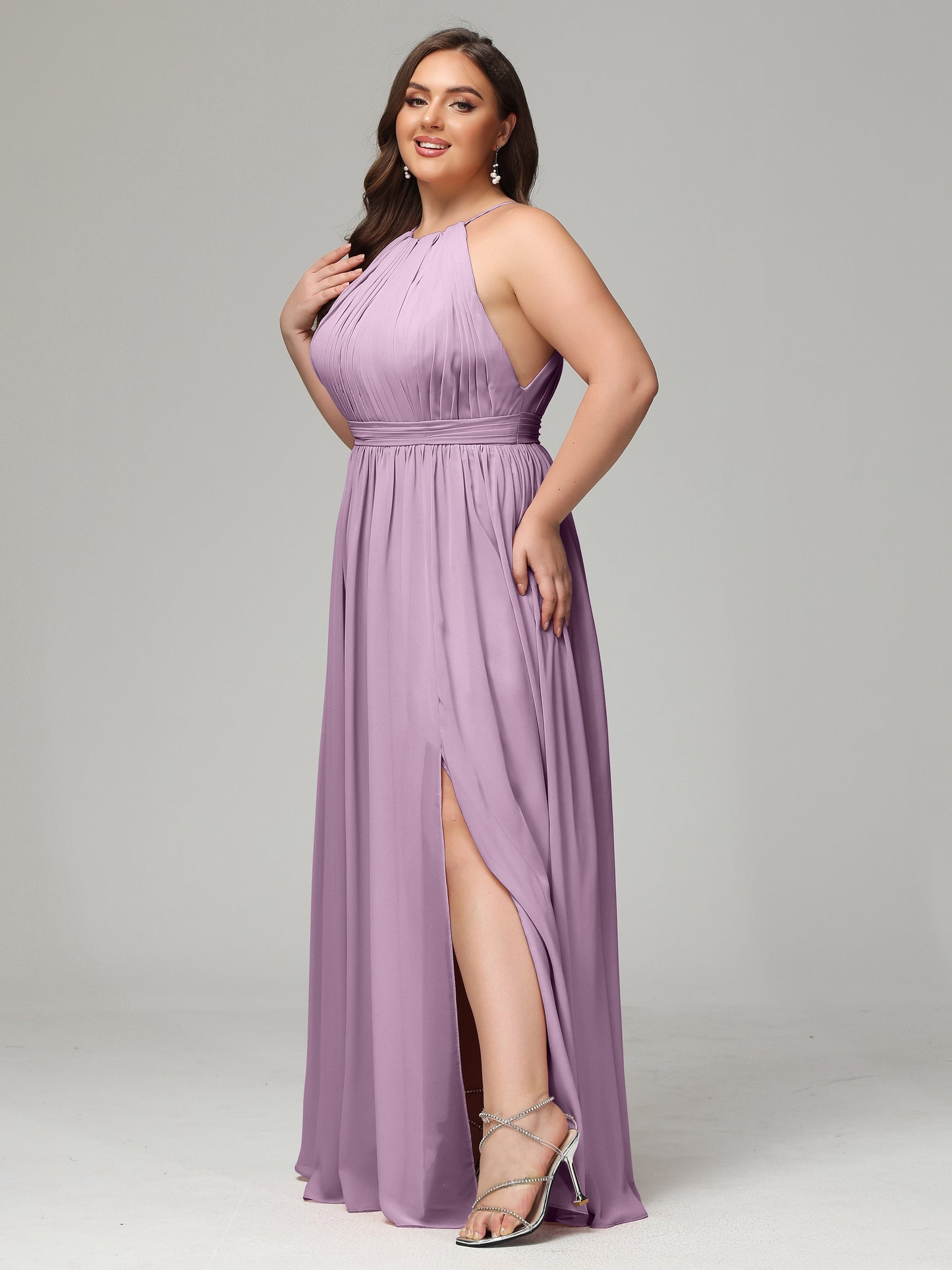 Floor Length Halter Plus Size Split Chiffon Bridesmaid Dresses
