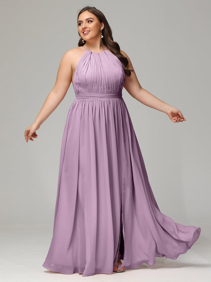 Floor Length Halter Plus Size Split Chiffon Bridesmaid Dresses