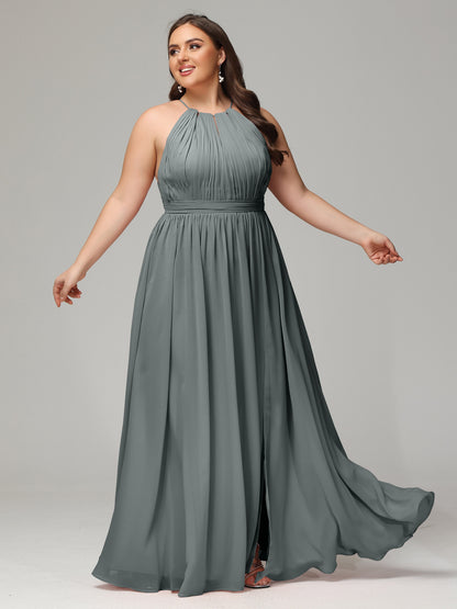 Floor Length Halter Plus Size Split Chiffon Bridesmaid Dresses
