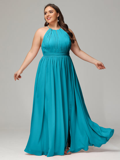 Floor Length Halter Plus Size Split Chiffon Bridesmaid Dresses