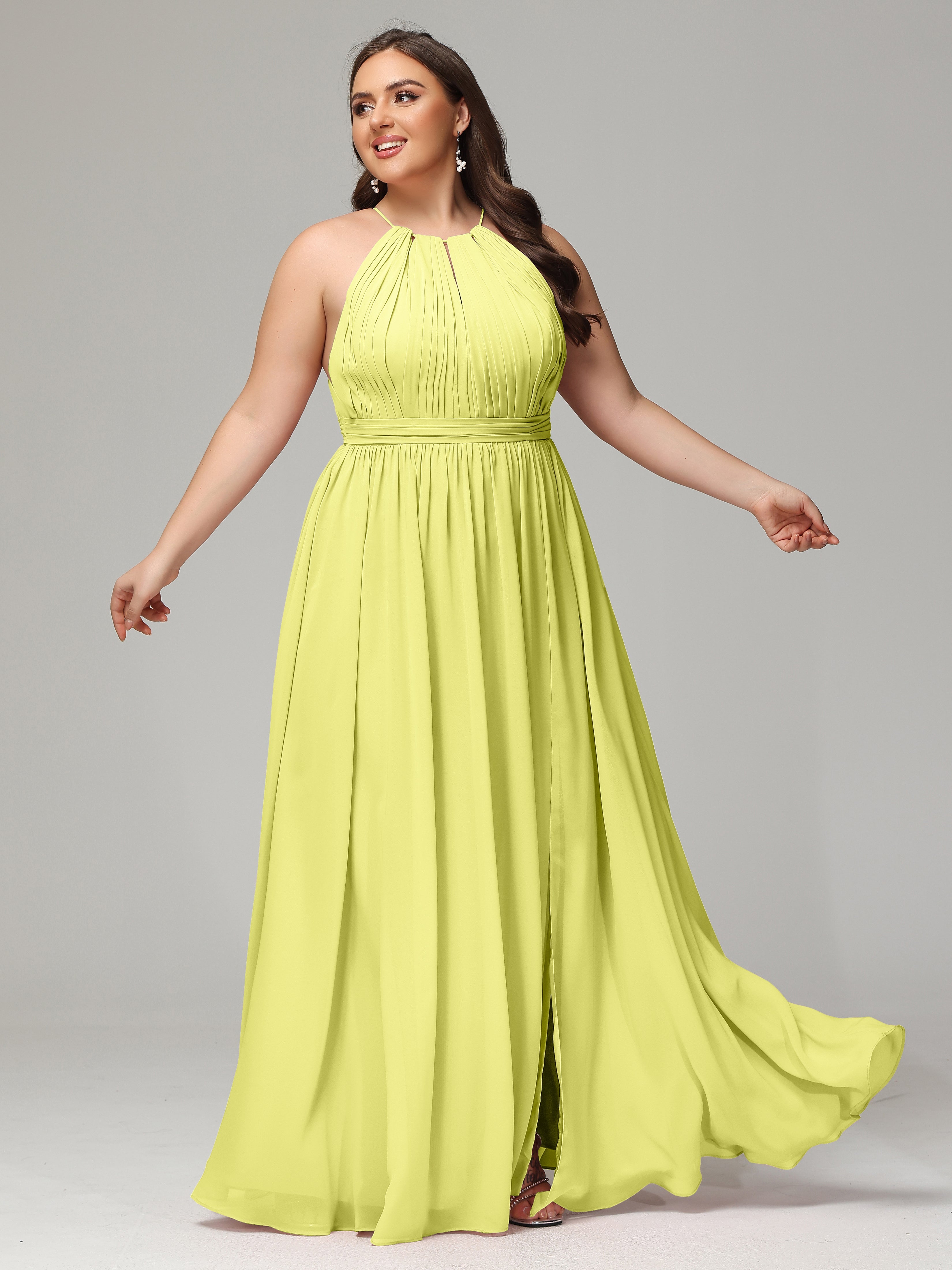 Floor Length Halter Plus Size Split Chiffon Bridesmaid Dresses