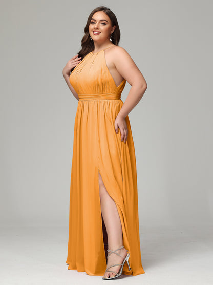 Floor Length Halter Plus Size Split Chiffon Bridesmaid Dresses