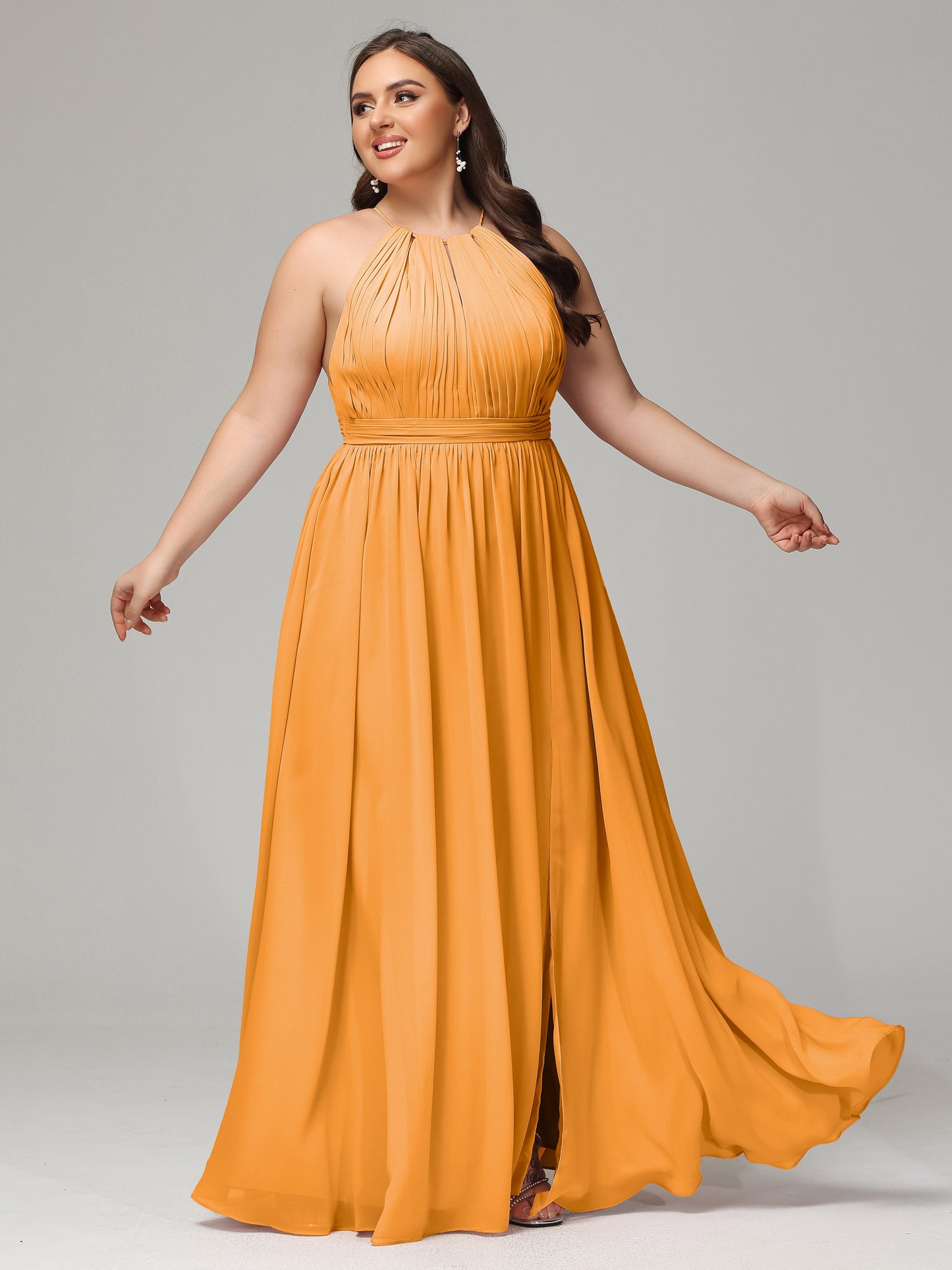 Floor Length Halter Plus Size Split Chiffon Bridesmaid Dresses