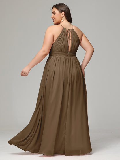 Floor Length Halter Plus Size Split Chiffon Bridesmaid Dresses